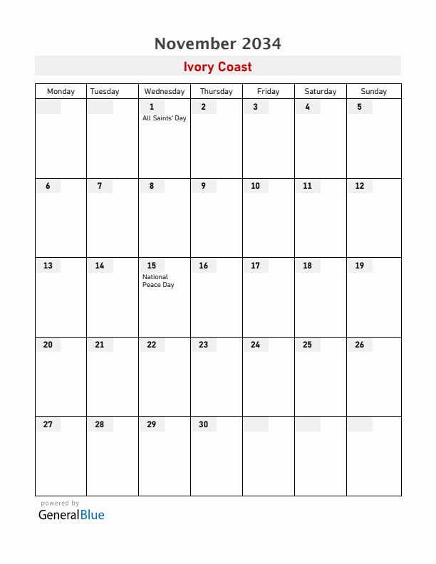 Ivory Coast November 2034 Calendar with Holidays