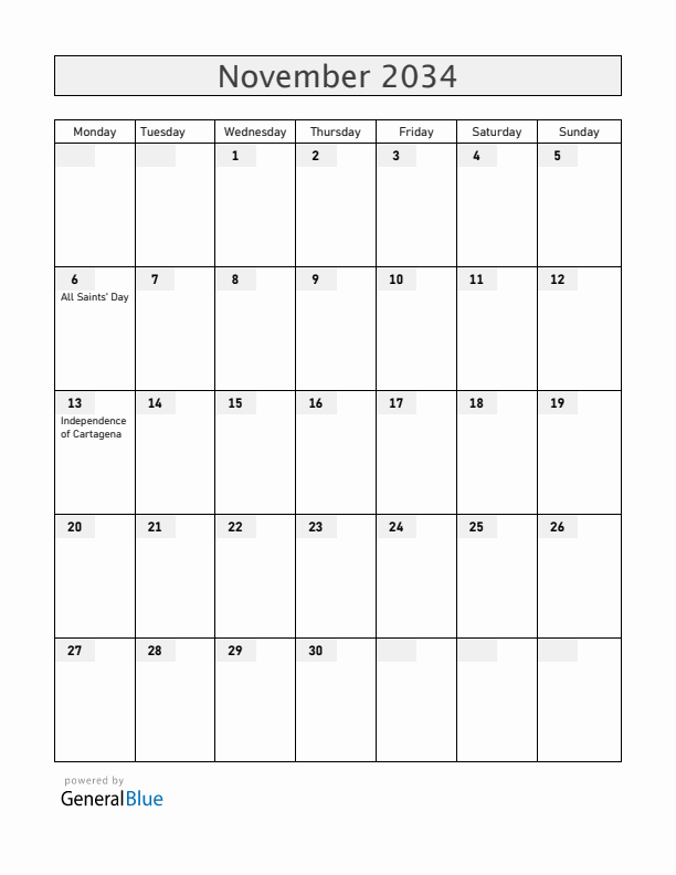 Colombia November 2034 Calendar with Holidays