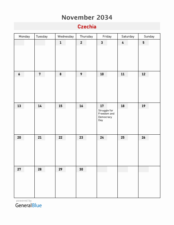 Czechia November 2034 Calendar with Holidays