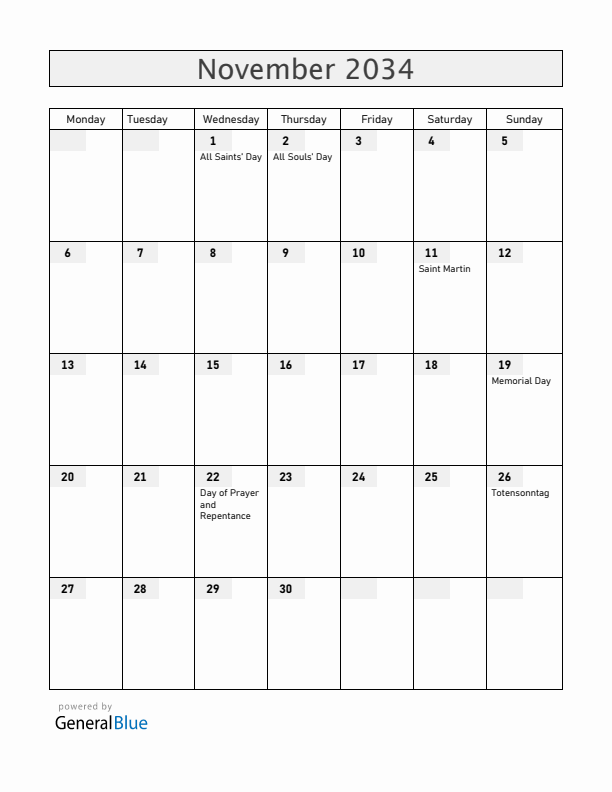 Germany November 2034 Calendar with Holidays