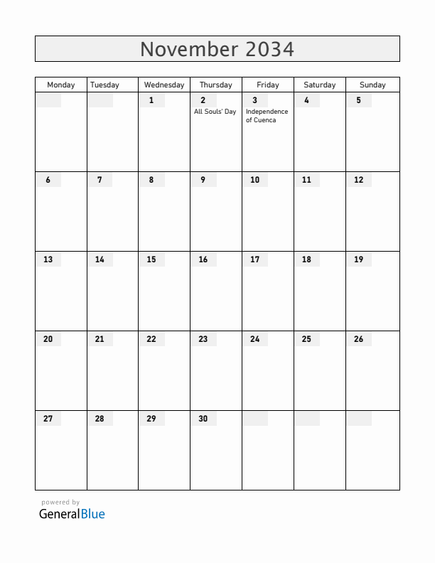 Ecuador November 2034 Calendar with Holidays