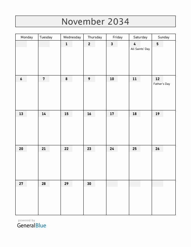 Finland November 2034 Calendar with Holidays