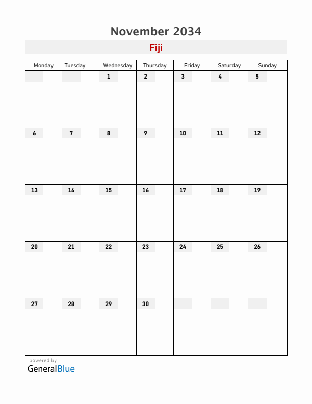 Fiji November 2034 Calendar with Holidays