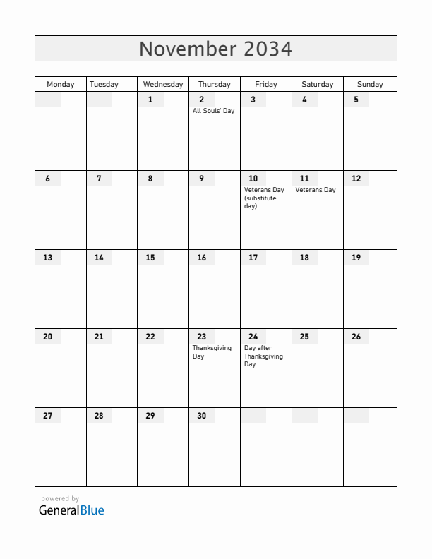 Guam November 2034 Calendar with Holidays