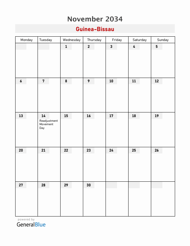 Guinea-Bissau November 2034 Calendar with Holidays