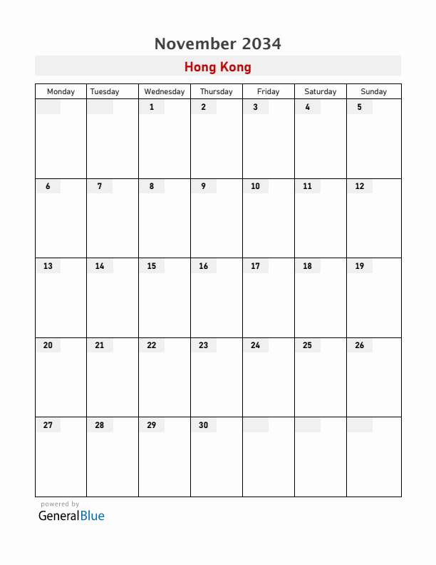 Hong Kong November 2034 Calendar with Holidays