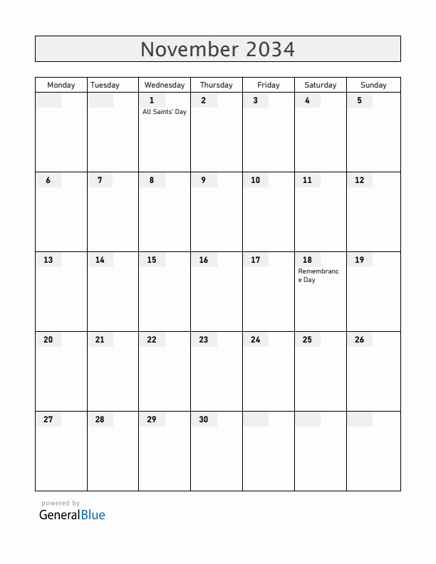 Croatia November 2034 Calendar with Holidays