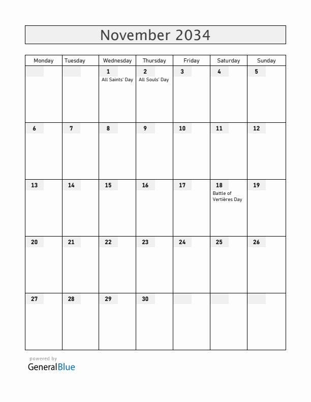 Haiti November 2034 Calendar with Holidays