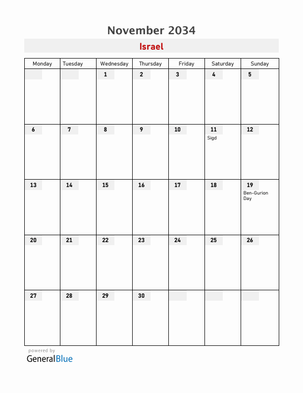 Israel November 2034 Calendar with Holidays