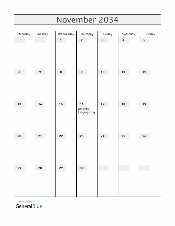 Iceland November 2034 Calendar with Holidays