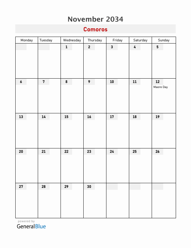 Comoros November 2034 Calendar with Holidays