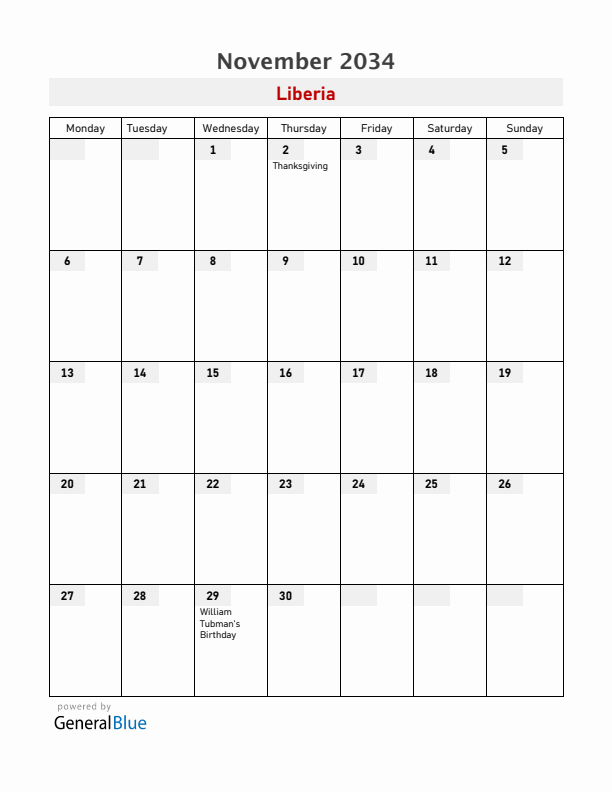 Liberia November 2034 Calendar with Holidays