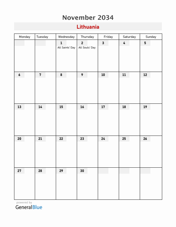Lithuania November 2034 Calendar with Holidays