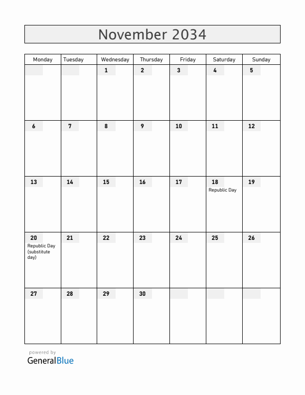 Latvia November 2034 Calendar with Holidays