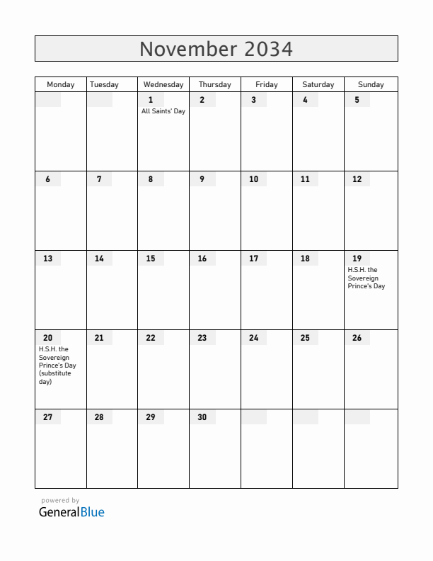 Monaco November 2034 Calendar with Holidays