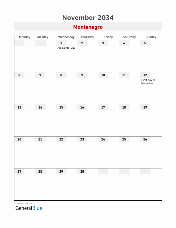 Montenegro November 2034 Calendar with Holidays