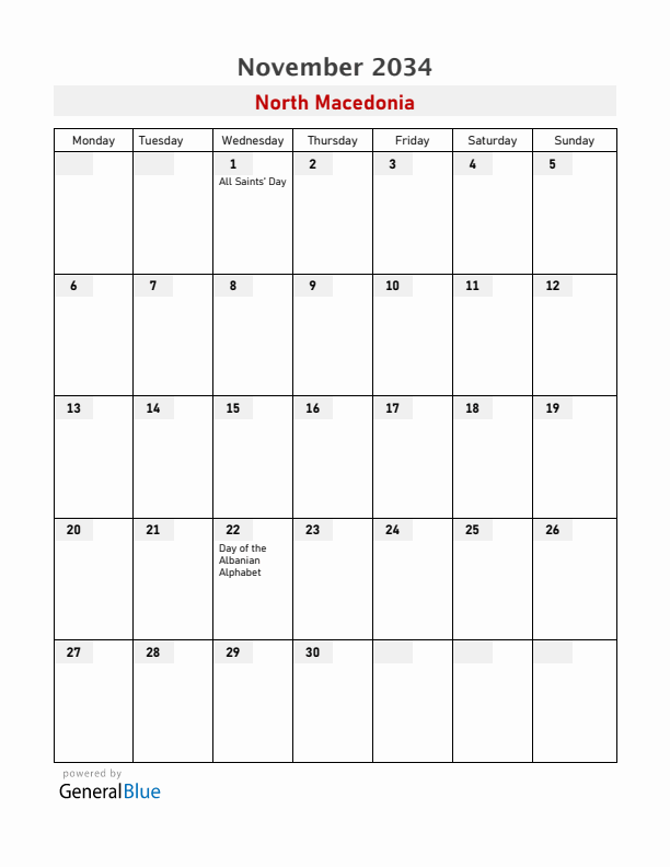 North Macedonia November 2034 Calendar with Holidays