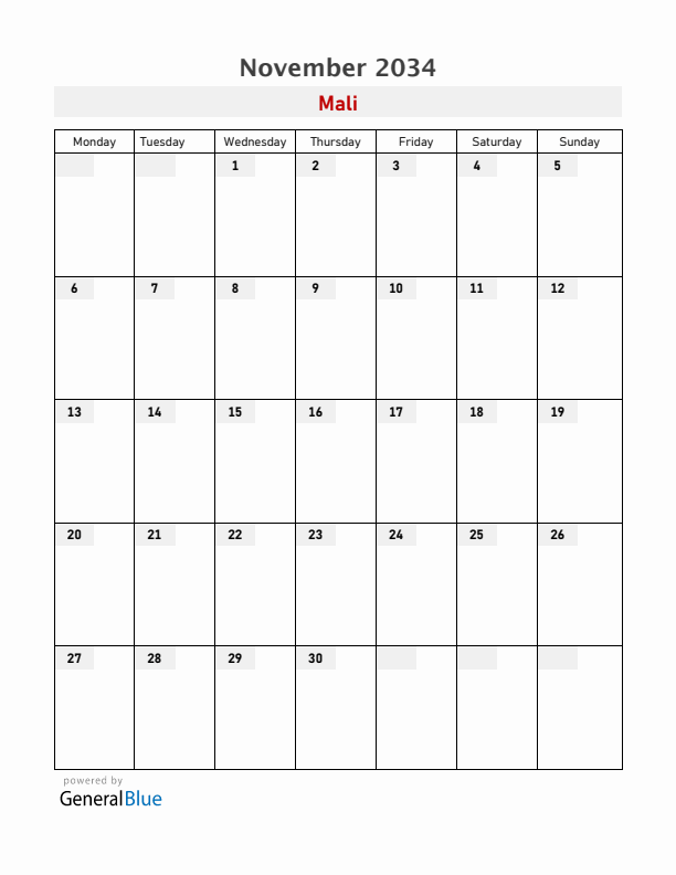 Mali November 2034 Calendar with Holidays