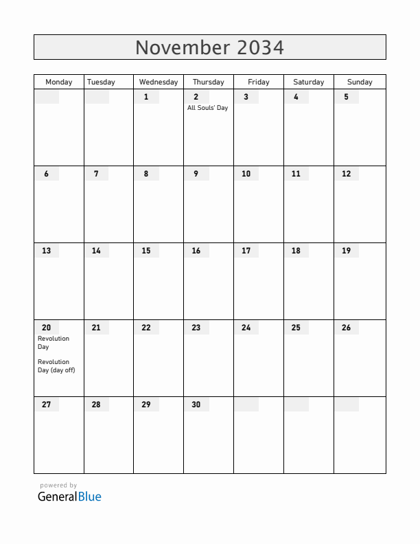 Mexico November 2034 Calendar with Holidays