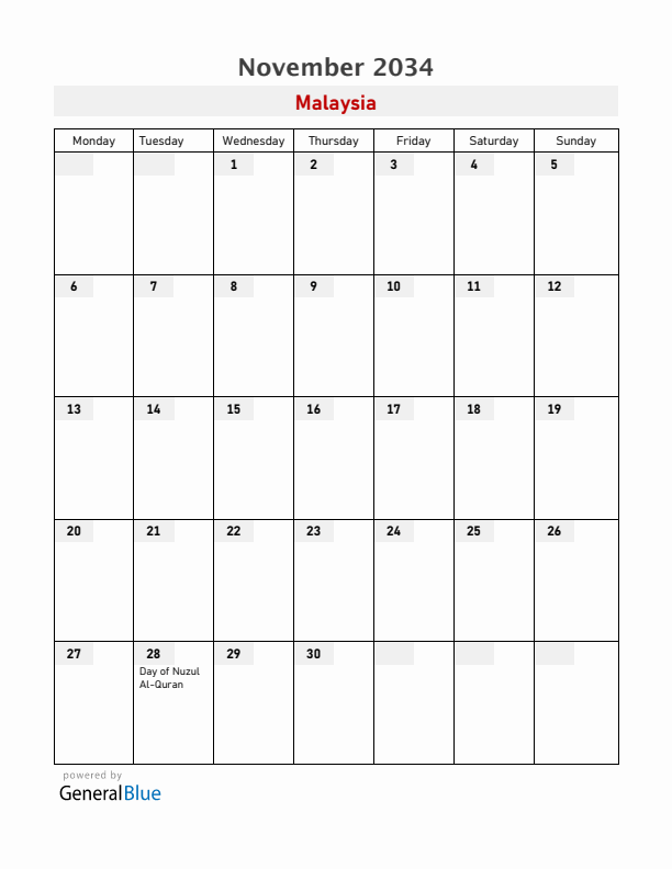 Malaysia November 2034 Calendar with Holidays