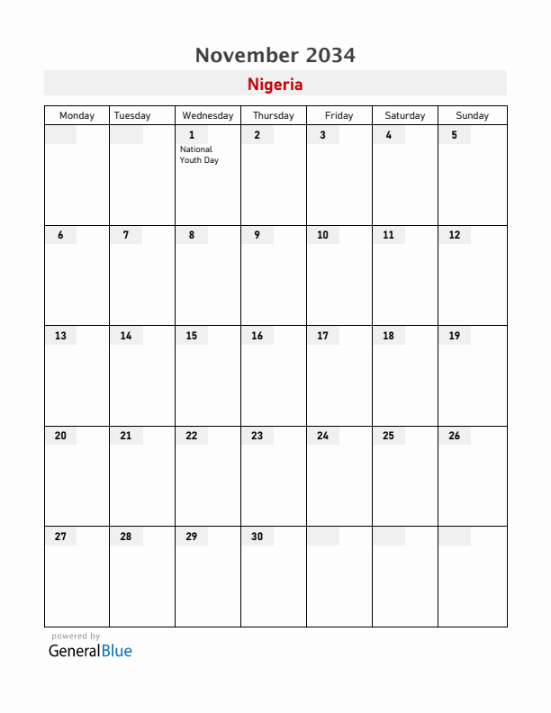 Nigeria November 2034 Calendar with Holidays