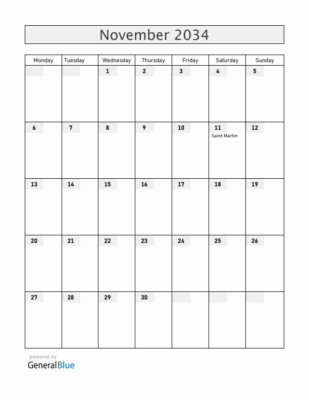 The Netherlands November 2034 Calendar with Holidays