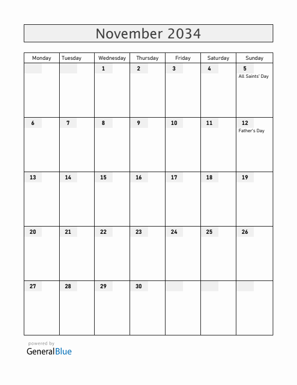 Norway November 2034 Calendar with Holidays