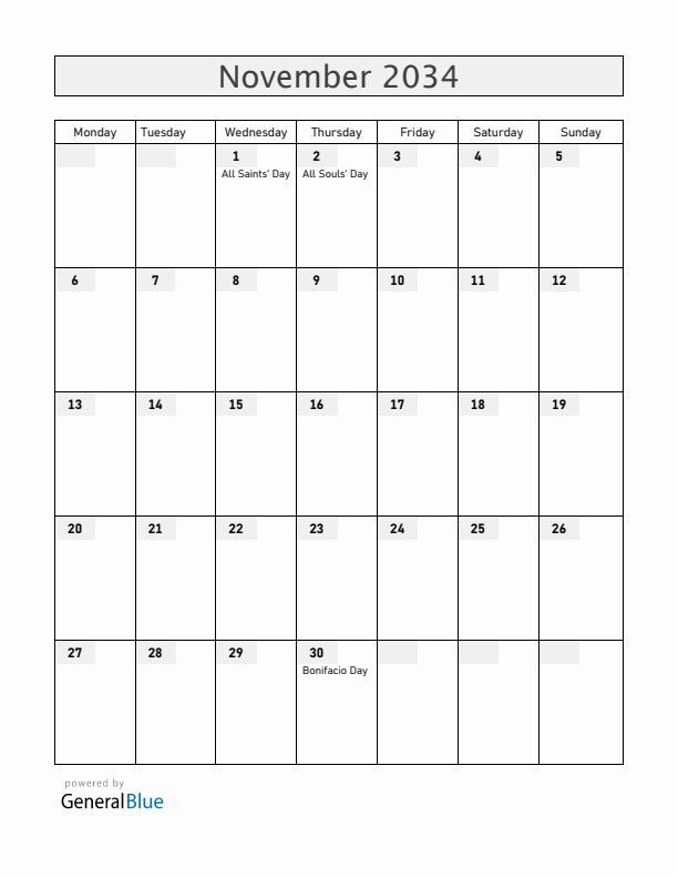 Philippines November 2034 Calendar with Holidays