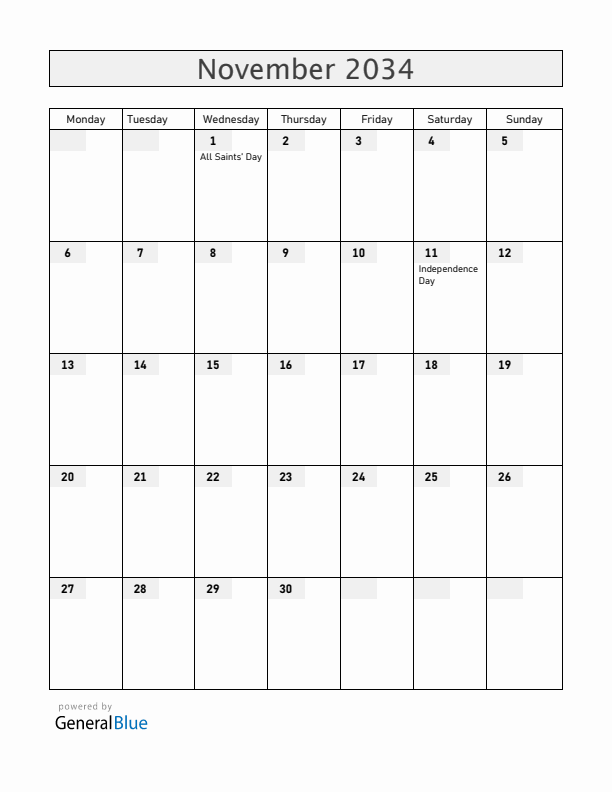Poland November 2034 Calendar with Holidays