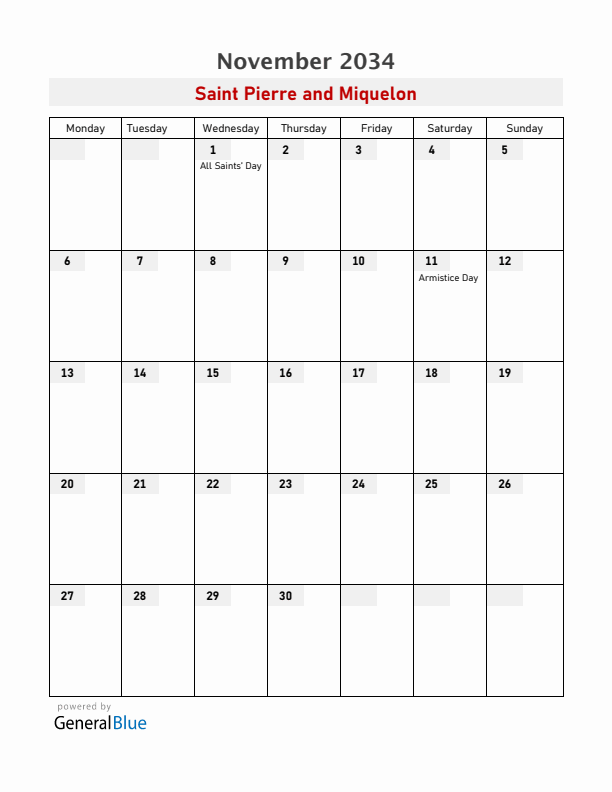 Saint Pierre and Miquelon November 2034 Calendar with Holidays