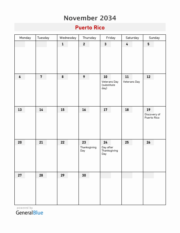 Puerto Rico November 2034 Calendar with Holidays