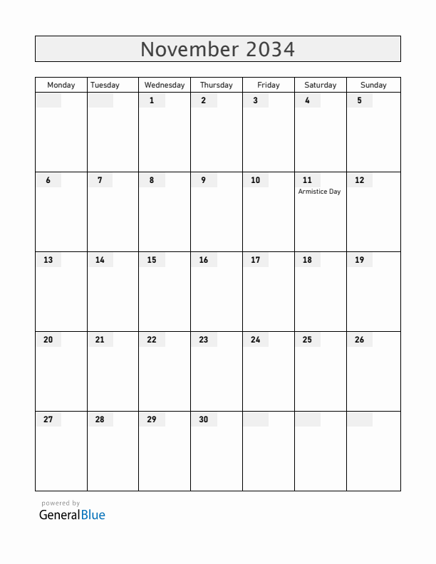 Serbia November 2034 Calendar with Holidays