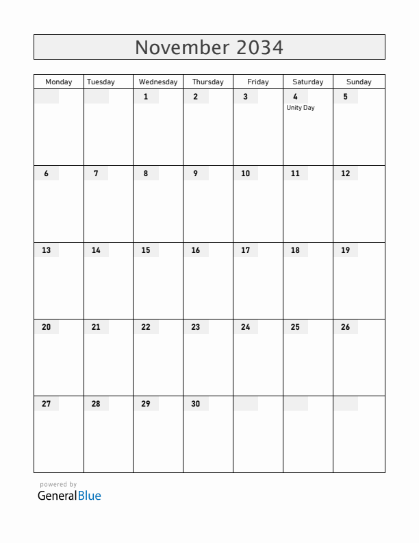 Russia November 2034 Calendar with Holidays