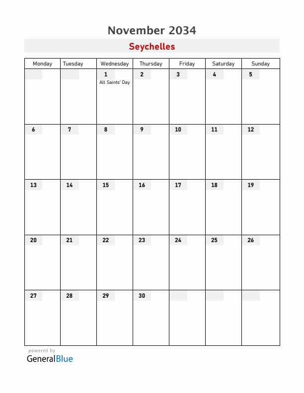 Seychelles November 2034 Calendar with Holidays