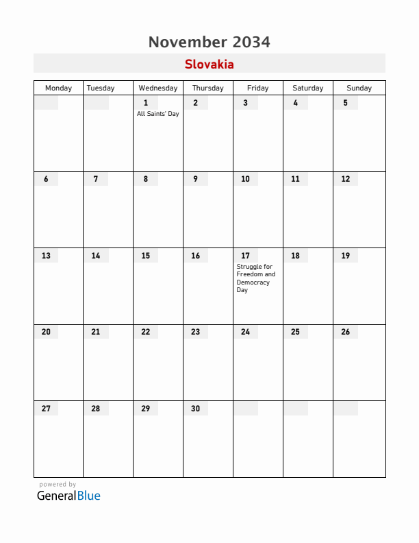 Slovakia November 2034 Calendar with Holidays