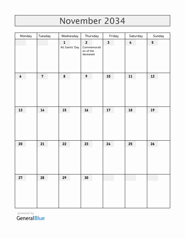 San Marino November 2034 Calendar with Holidays