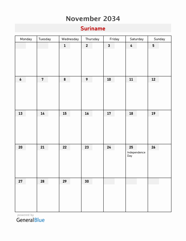 Suriname November 2034 Calendar with Holidays
