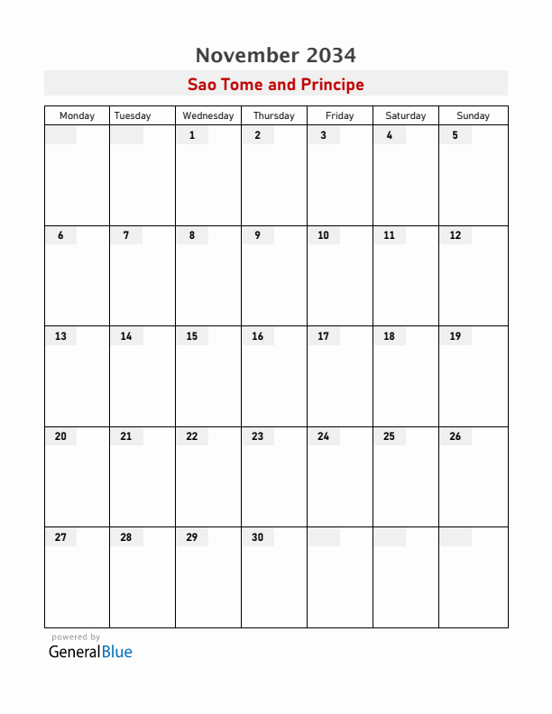 Sao Tome and Principe November 2034 Calendar with Holidays