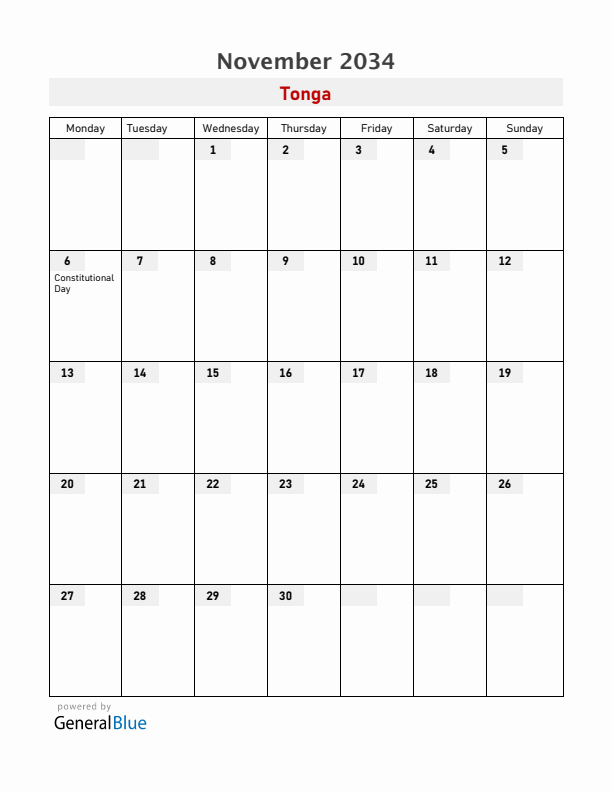 Tonga November 2034 Calendar with Holidays