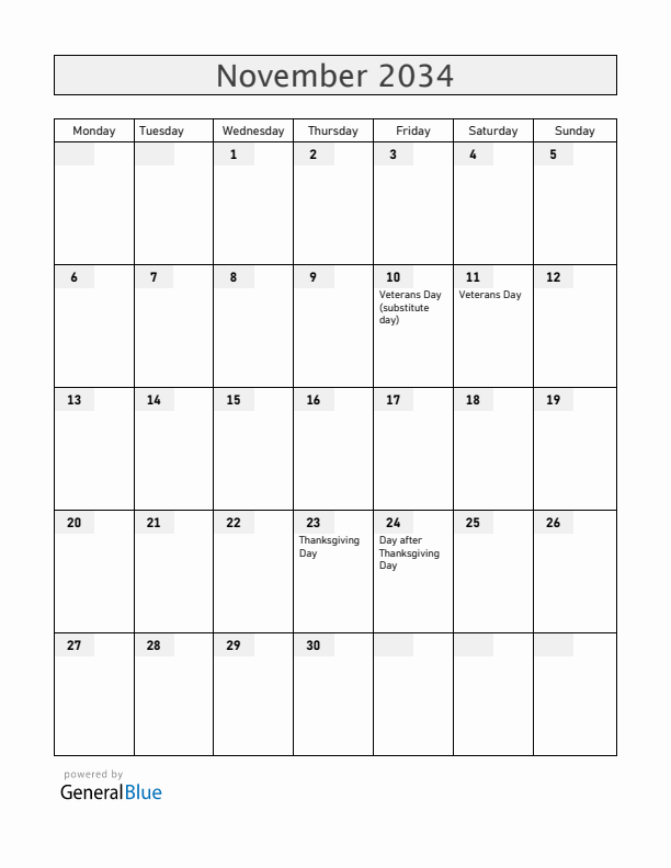 United States November 2034 Calendar with Holidays