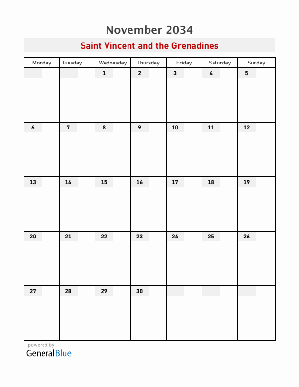Saint Vincent and the Grenadines November 2034 Calendar with Holidays