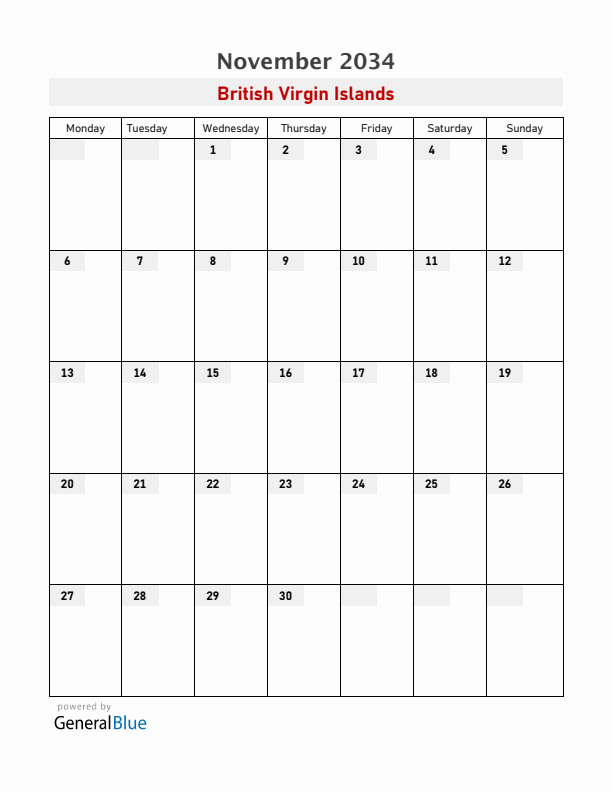 British Virgin Islands November 2034 Calendar with Holidays