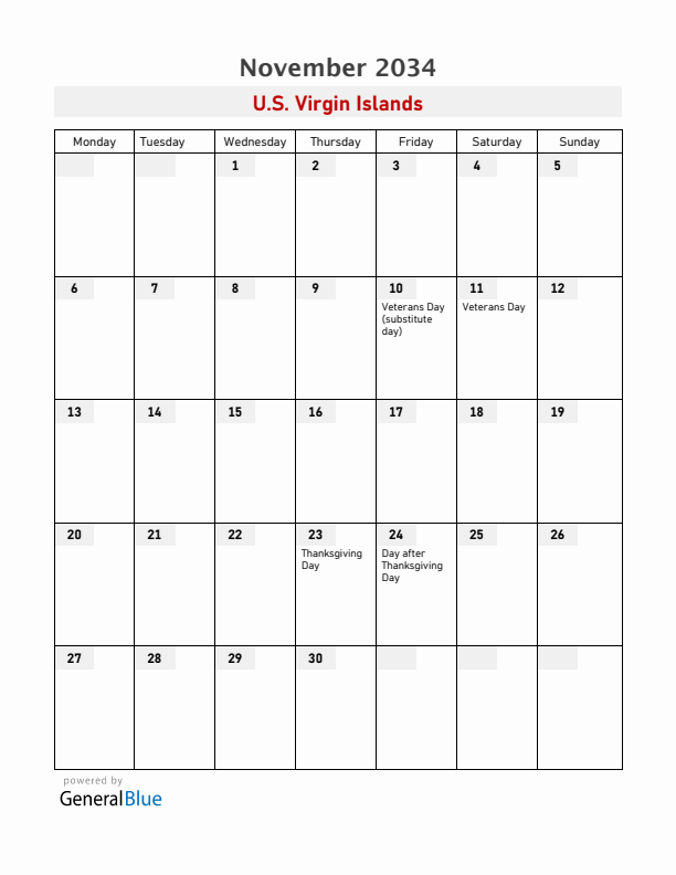 U.S. Virgin Islands November 2034 Calendar with Holidays