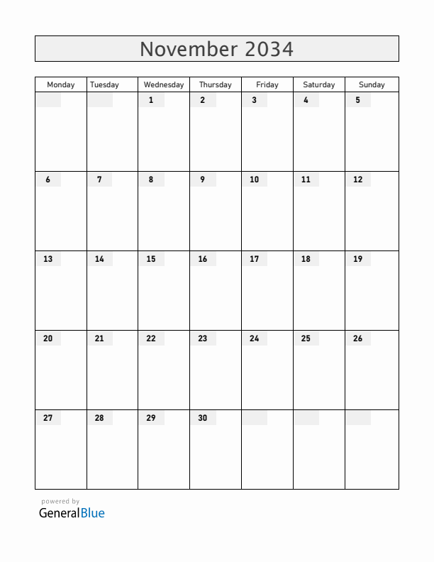 Zambia November 2034 Calendar with Holidays