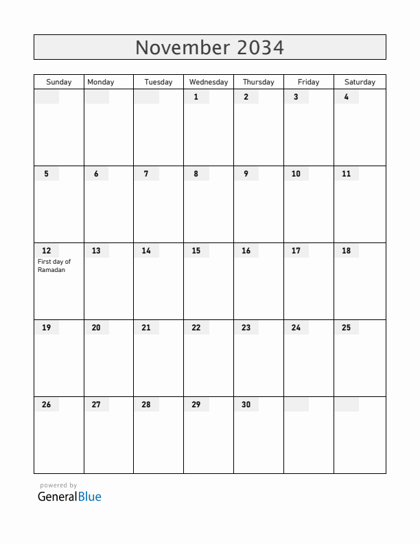 United Arab Emirates November 2034 Calendar with Holidays