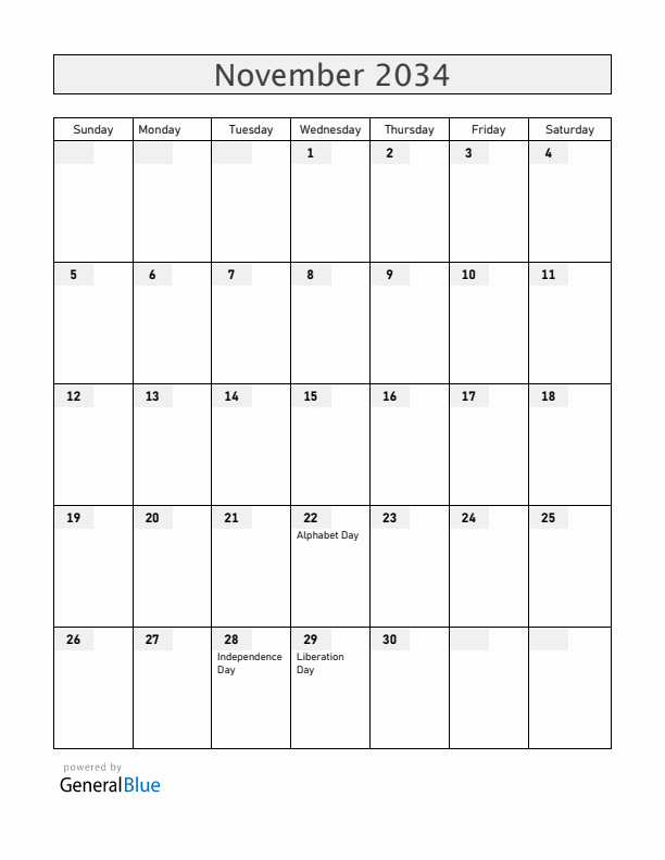 Albania November 2034 Calendar with Holidays