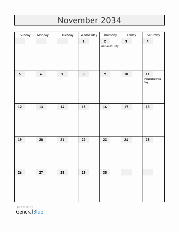Angola November 2034 Calendar with Holidays