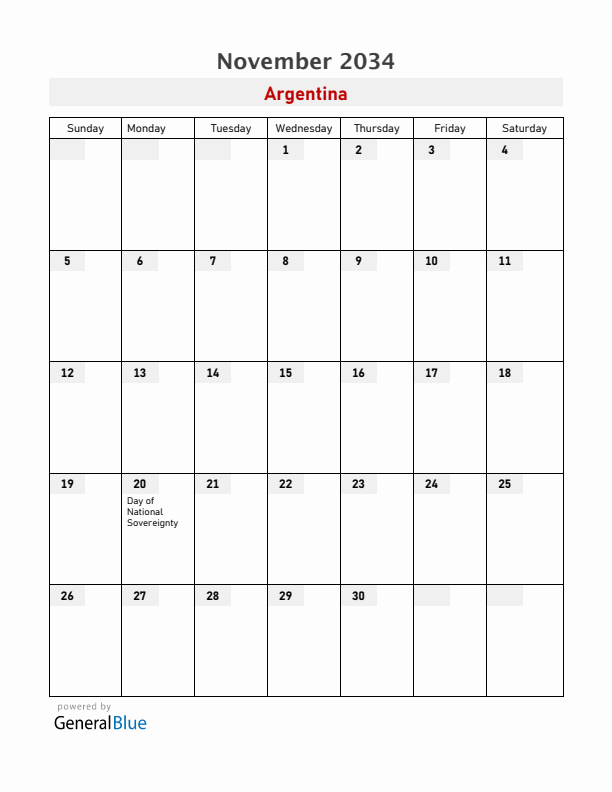 Argentina November 2034 Calendar with Holidays