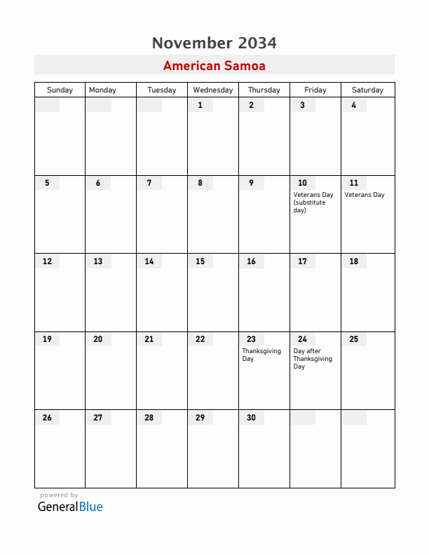 American Samoa November 2034 Calendar with Holidays