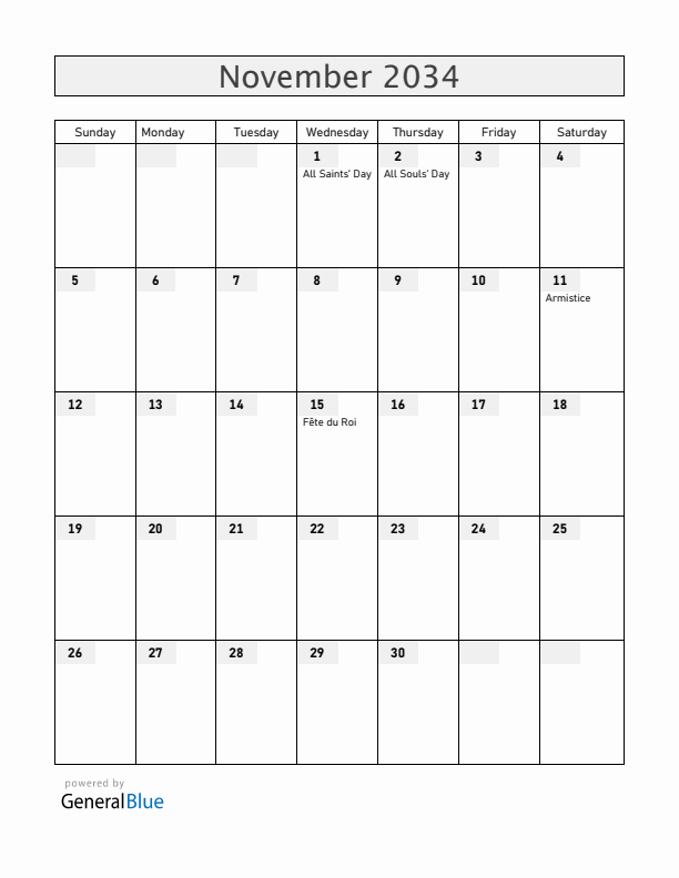 Belgium November 2034 Calendar with Holidays